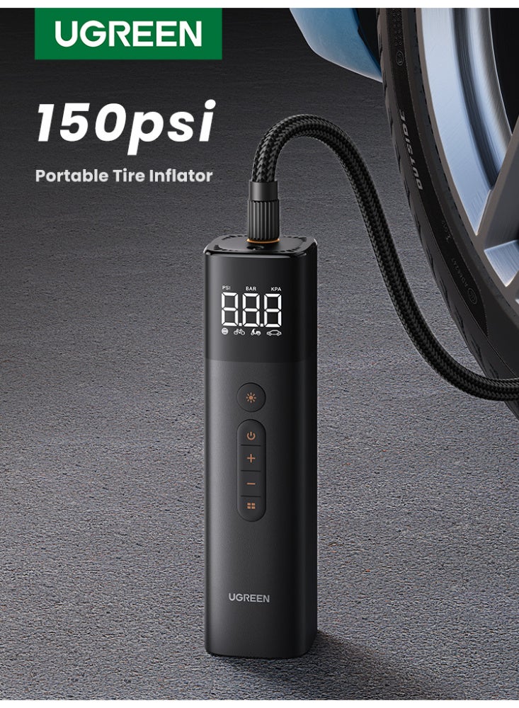 يو جرين منفاخ إطارات كهربائي (0.2–10.3 بار / 3–150 PSI)، مضخة هواء محمولة، مضخة إطارات صغيرة بشاشة LED رقمية، مع ضوء LED للدراجات الهوائية والنارية والسيارات - Image 1